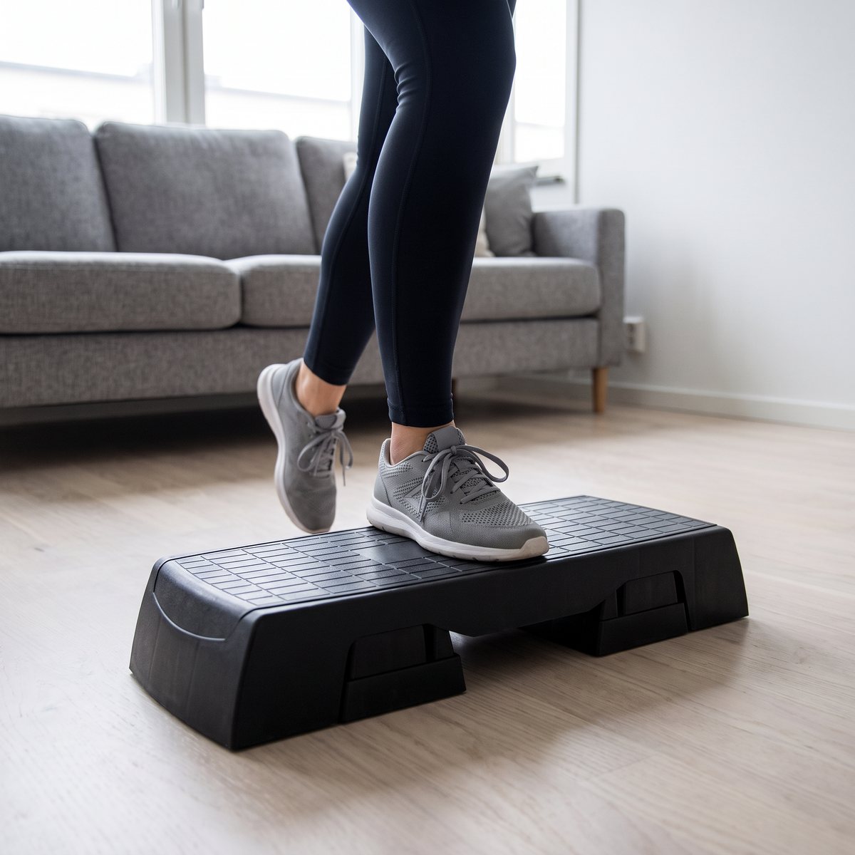Casall Step Up Board, kompakt svart stepbräda, i ett litet svenskt vardagsrum