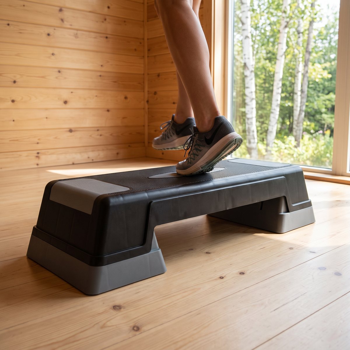 Virtufit Fitness Step i svart och grått i ett svenskt rum med furupanel