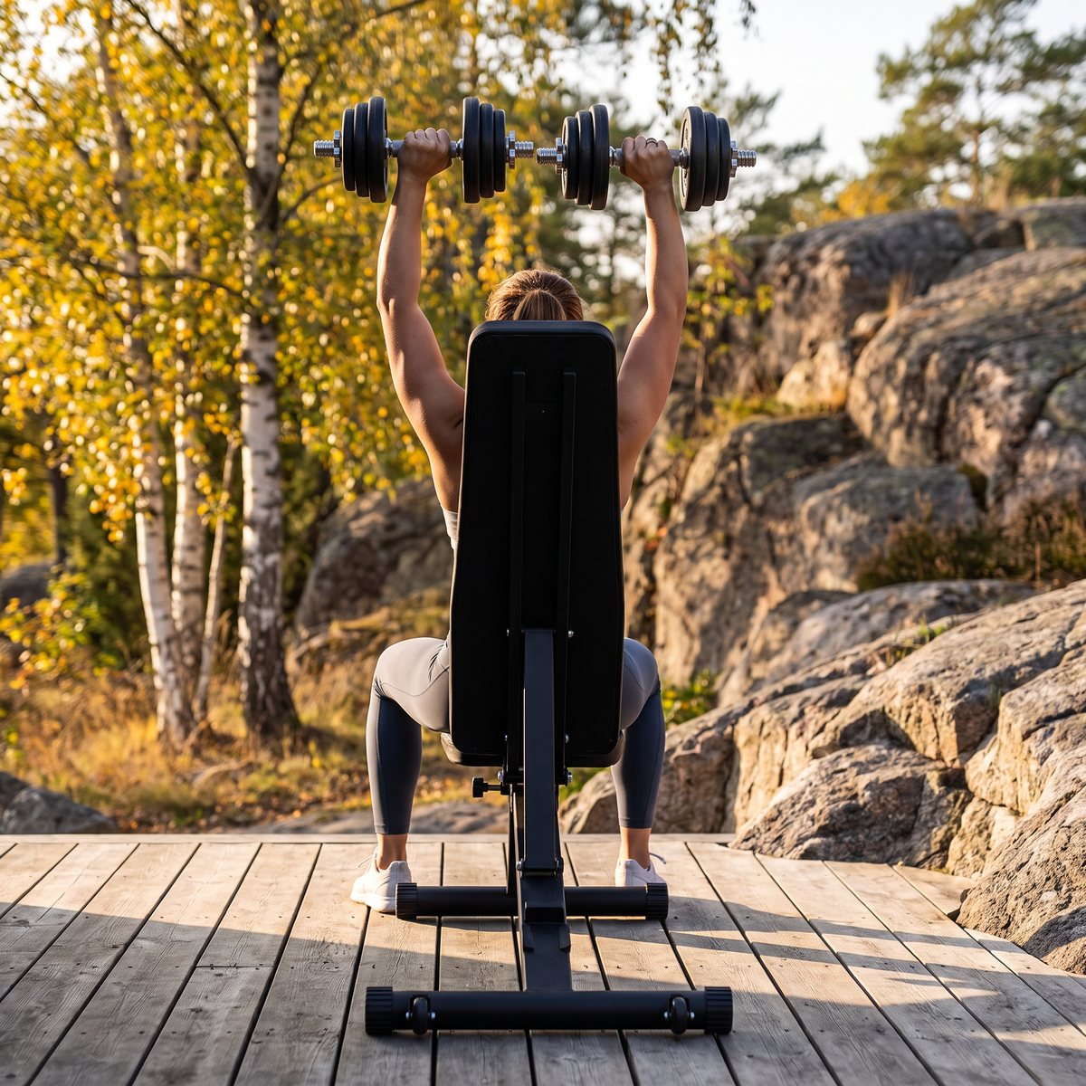Abilica justerbar bänk på en träterrass vid en svensk stuga med björkar och granit