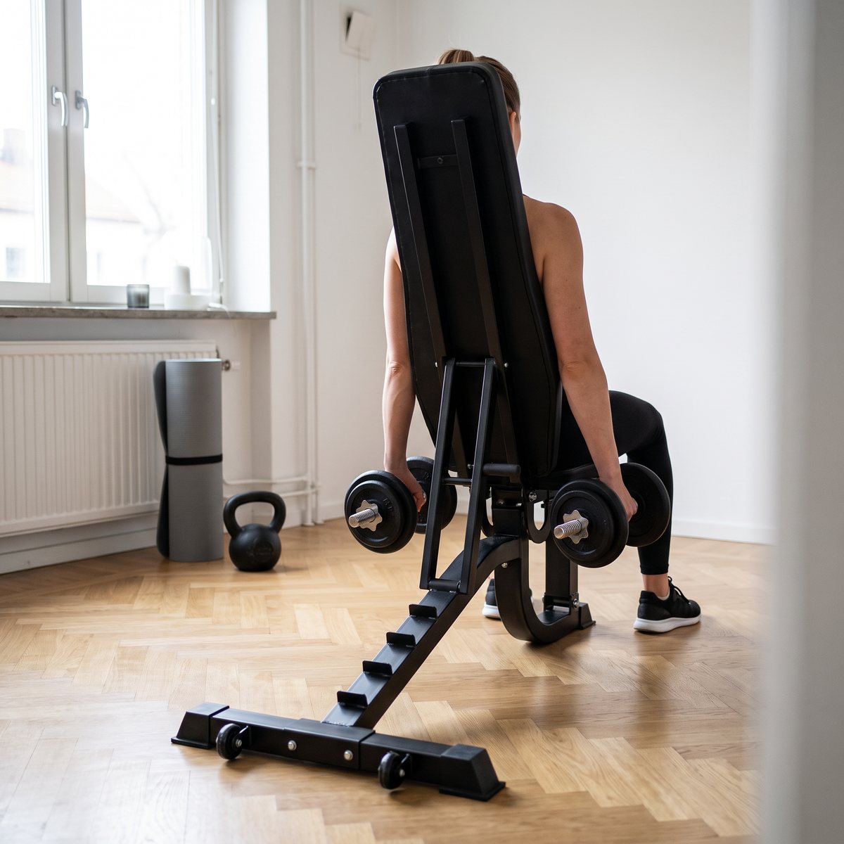Gorilla Sports Träningsbänk EXTREME med ryggstödet lutat i ett svenskt gästrum med parkettgolv