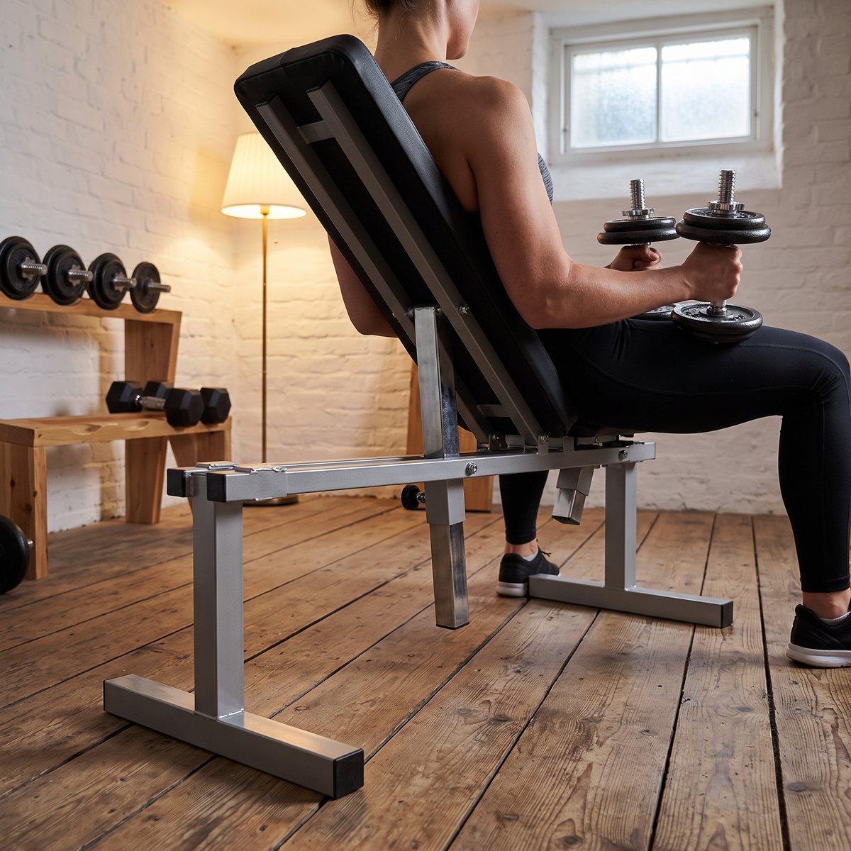 Master Fitness träningsbänk med silverfärgad ram i ett svenskt källarrum med vitmålade tegelväggar
