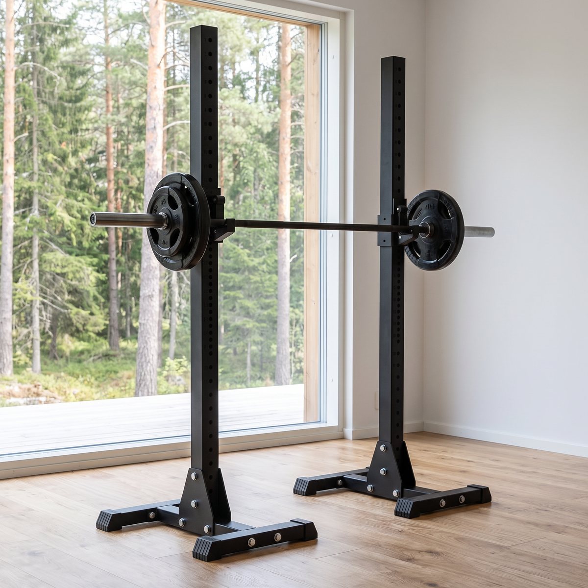 Två höga fristående squatställningar med skivstång i ett svenskt gymrum med utsikt mot tallskog