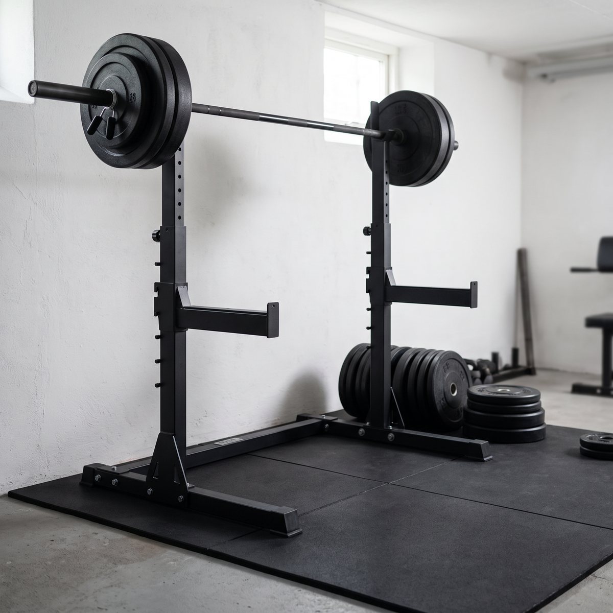 Svart skivstångsställning med lastad skivstång i ett svenskt källargym med gummimatta