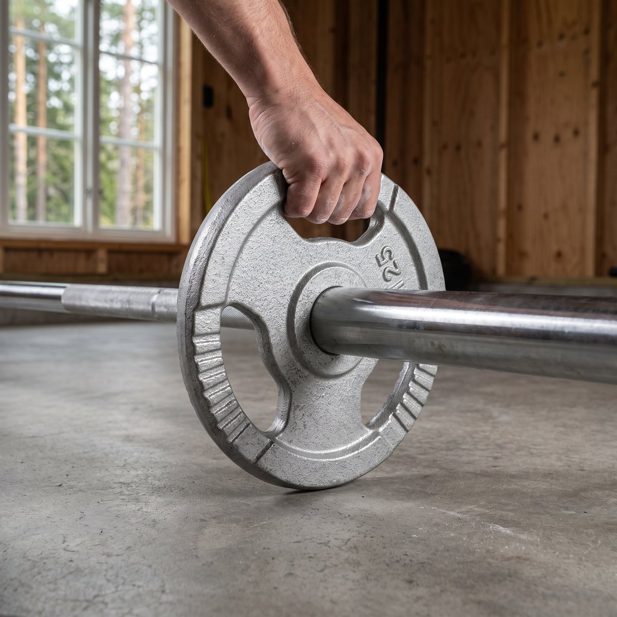 Silvergrå gjutjärnsskiva med tre handtag skjuts på en skivstång i ett svenskt garagegym