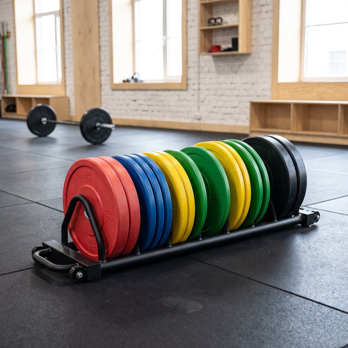 Master Fitness Bumper Plate Rack med färgade bumperskivor på ett gymgolv i ett ljust svenskt gym
