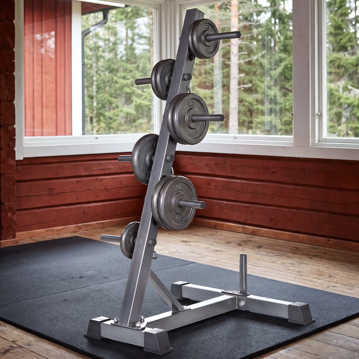 Nordic Fighter Plate Tree för 25 mm vikter med viktskivor i ett rött svenskt trähus med skog utanför fönstret