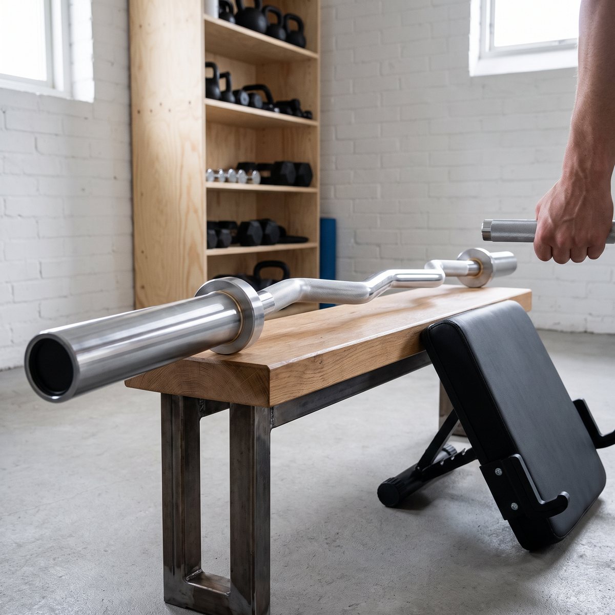 Abilica curlstång 50 mm i krom vilar på en bänk bredvid en predikarbänk i ett ljust svenskt garagegym