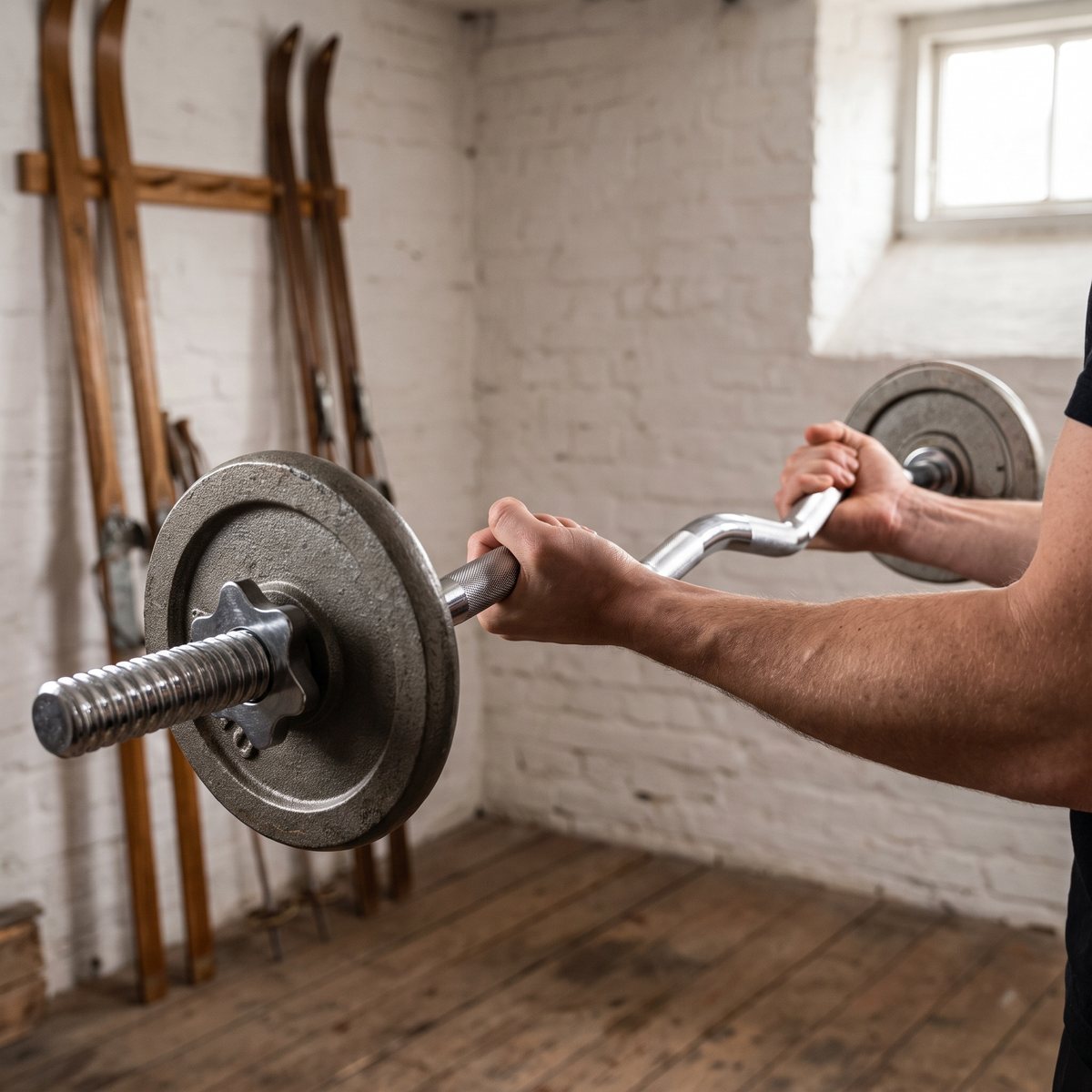 Gorilla Sports curlstång 30 mm med viktskivor och stjärnlås används vid en bicepscurl i ett svenskt källargym