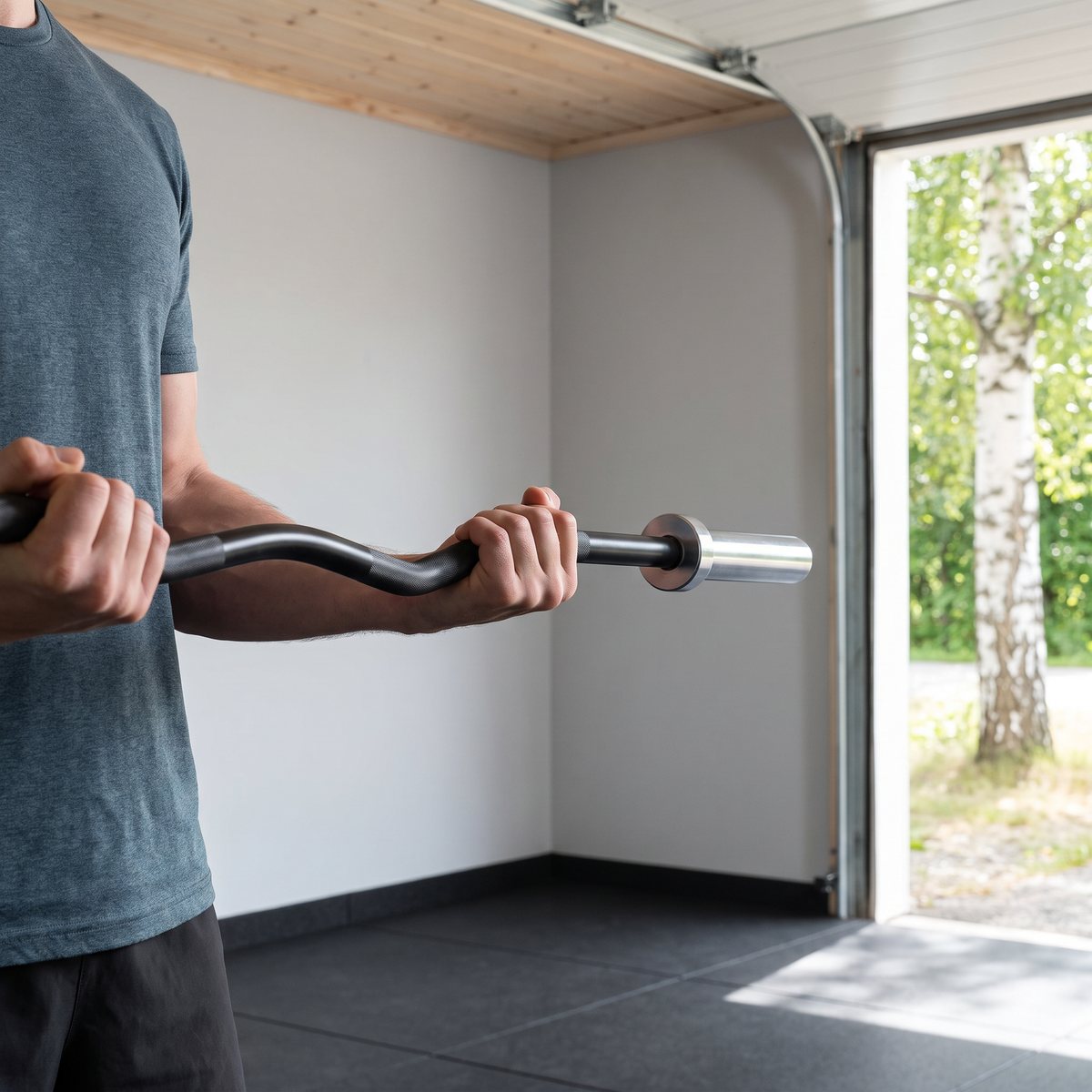 Master Fitness Curlbar Long 190 cm används vid en bicepscurl i ett svenskt garagegym med björk utanför