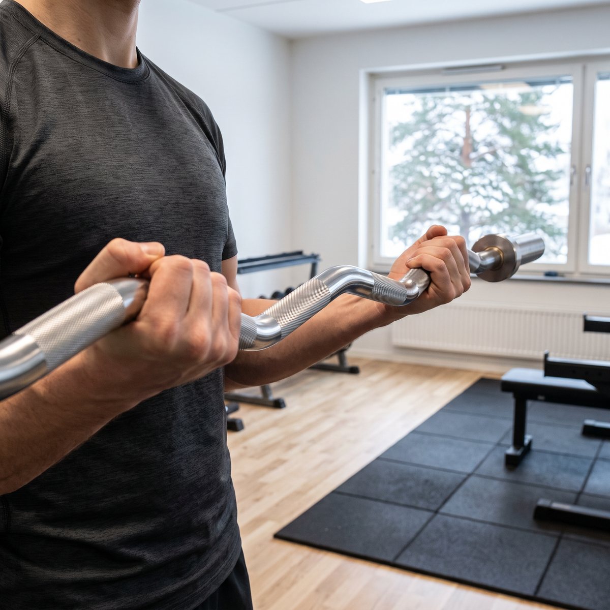 Recoil curlstång 50 mm hålls med underhandsgrepp i ett ljust gemensamt gym i ett svenskt flerbostadshus