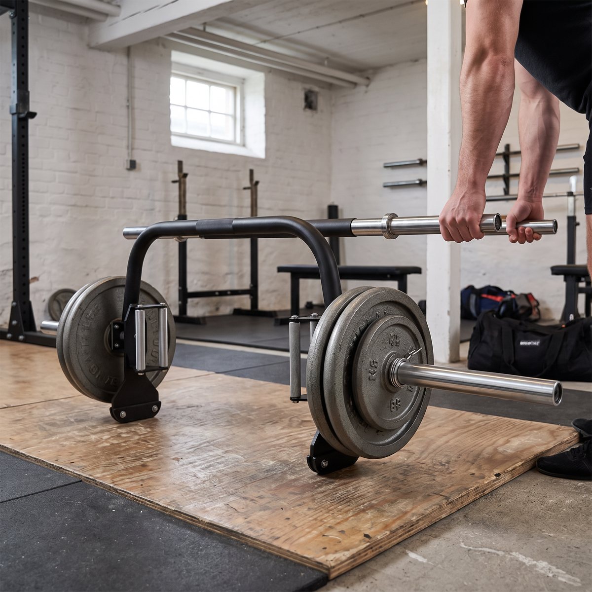 Öppen hex-stång med rullande handtag i ett svenskt källargym, lyftare står i ramen och greppar handtagen
