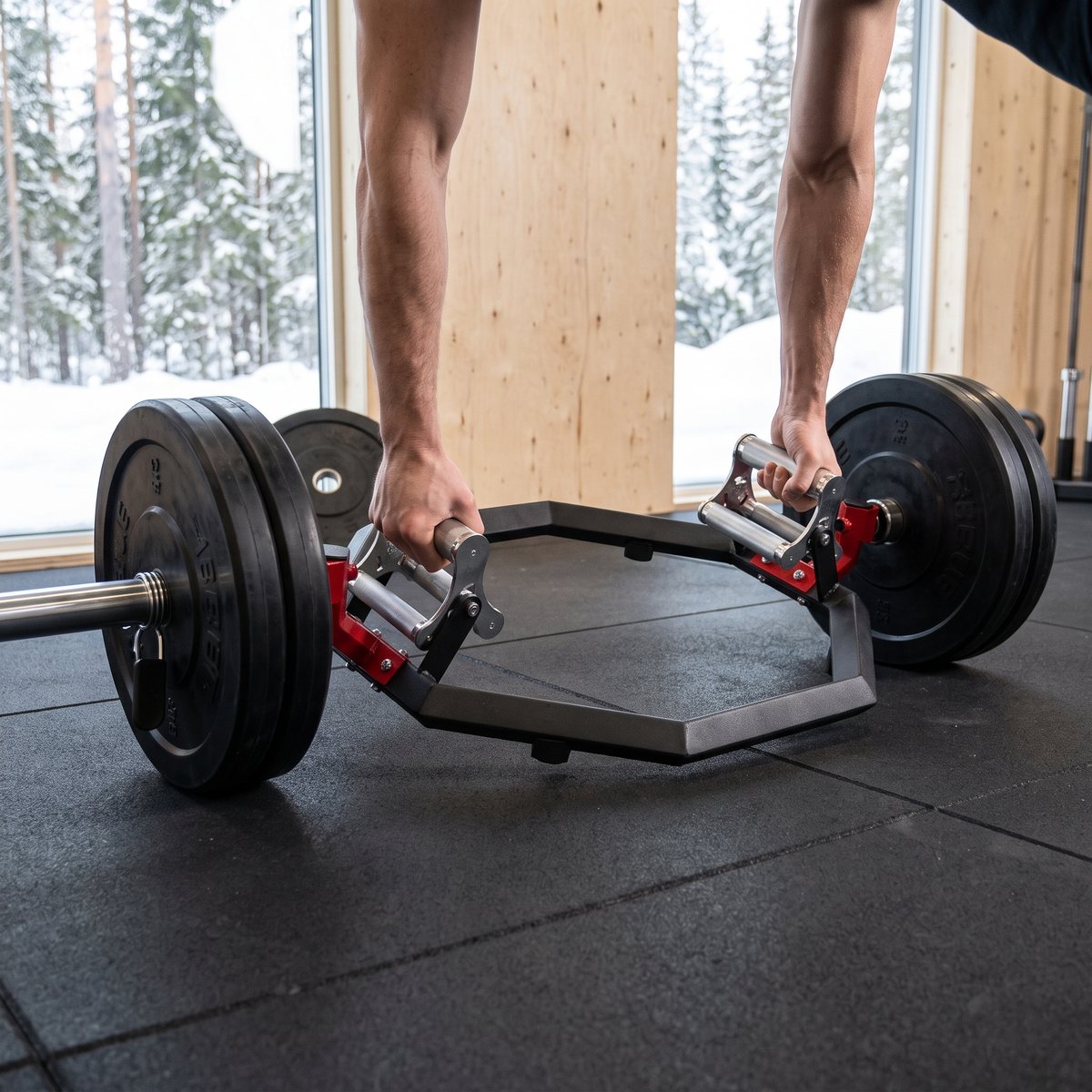 Svart trap bar med röda fästen och rullande multigreppshandtag i ett svenskt gym med björkpaneler och snöig tallskog utanför