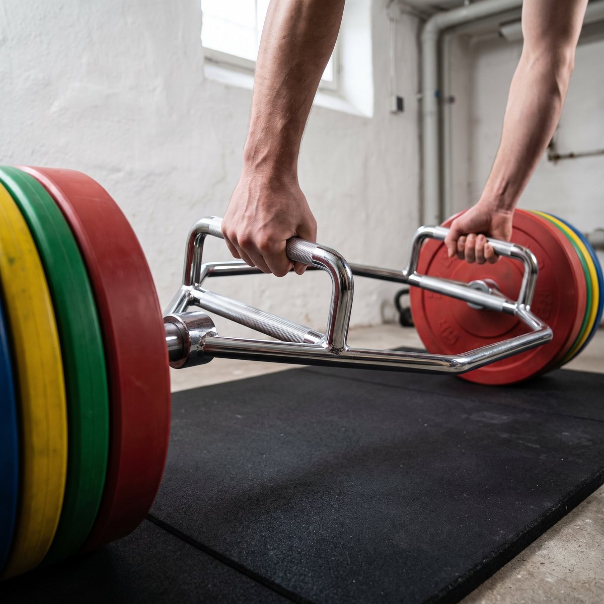 Kromad hex-stång med viktskivor på gummimatta i ett svenskt källargym