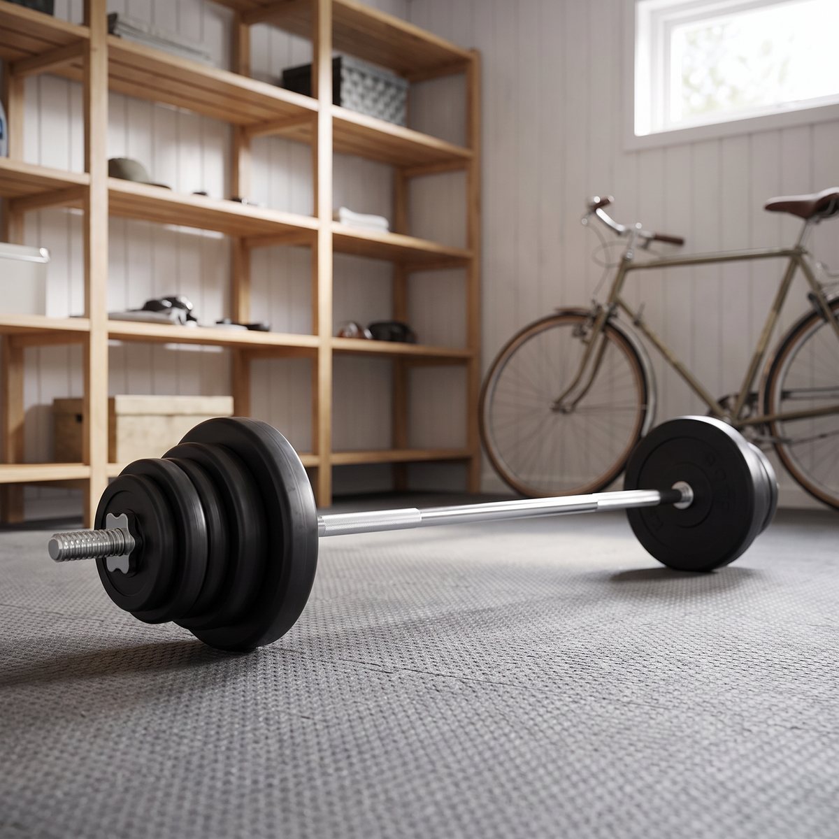 Vinylbelagt skivstångsset på ett grått gummigolv i ett svenskt förråd med cykel och trähyllor