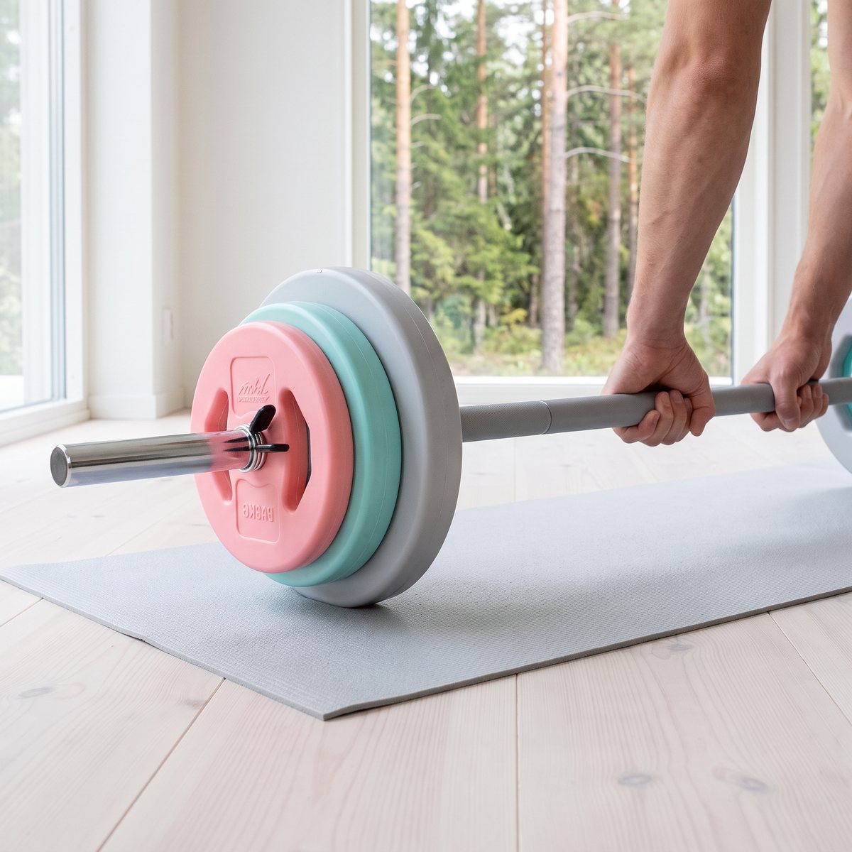 Händer greppar en pump set-stång med rosa, mintgröna och grå skivor i ett ljust svenskt vardagsrum