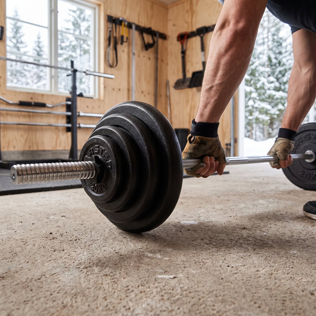 Händer lyfter ett gjutjärnsset med skivstång i ett svenskt garagegym med snö utanför