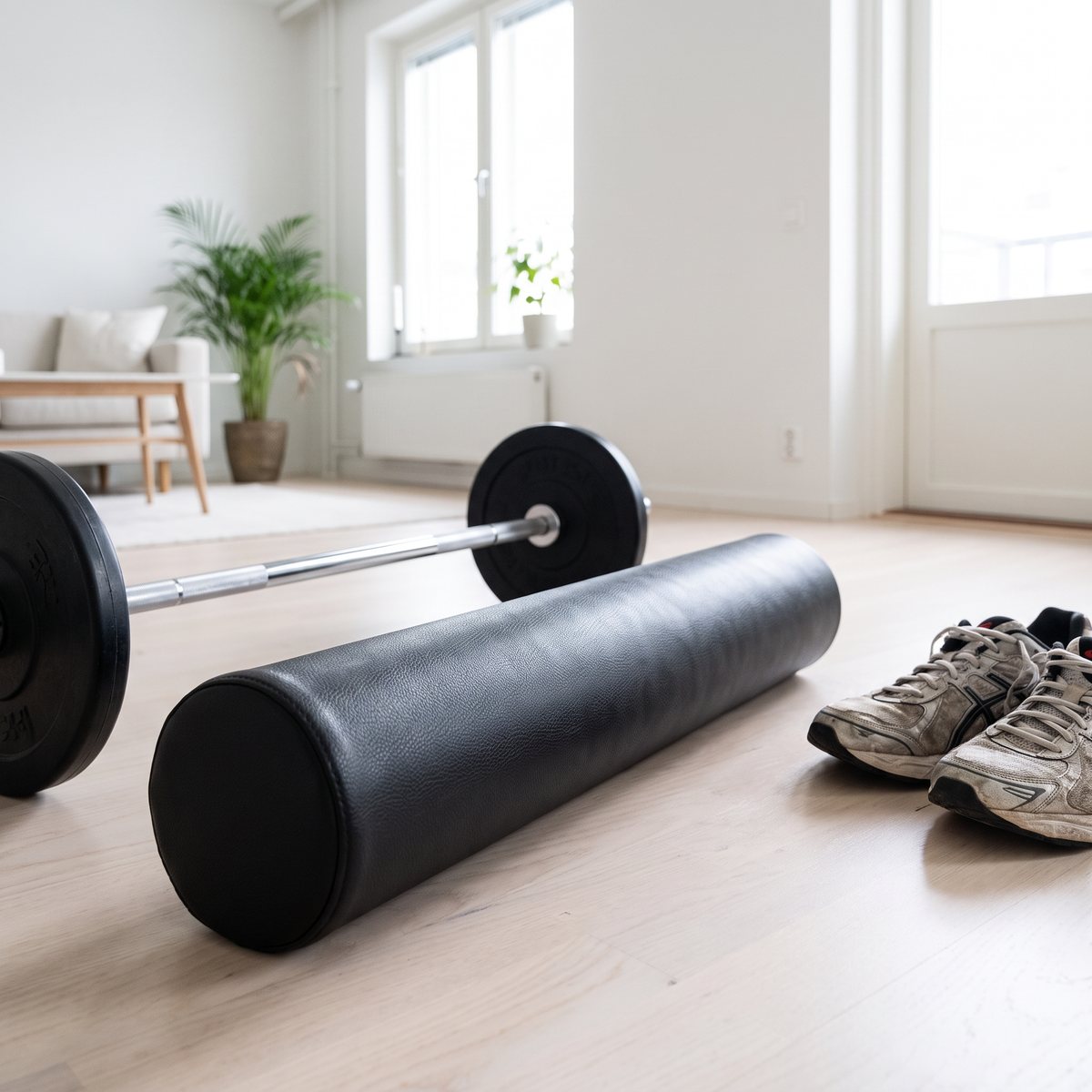 Gymstick Barbell Pad Pro i svart konstläder liggande på ett ljust trägolv bredvid en skivstång i en svensk lägenhet