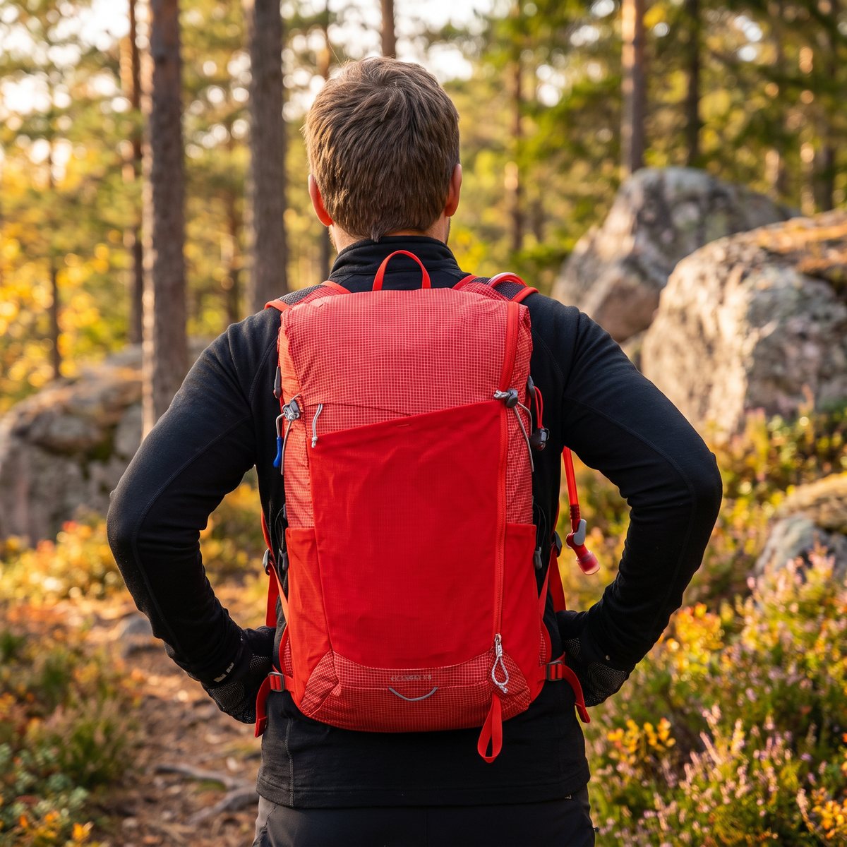 CamelBak Octane 16 i röd färg på en vandrares rygg på en stig i svensk tallskog med granitblock