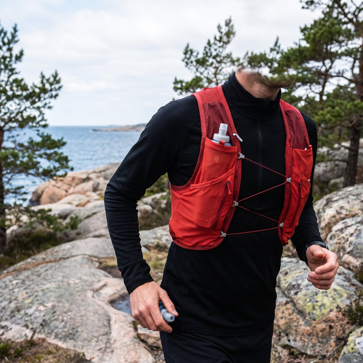 Röd Salomon Active Skin 8 löparväst på en löpare på en klippig kuststig med granit och tall vid havet