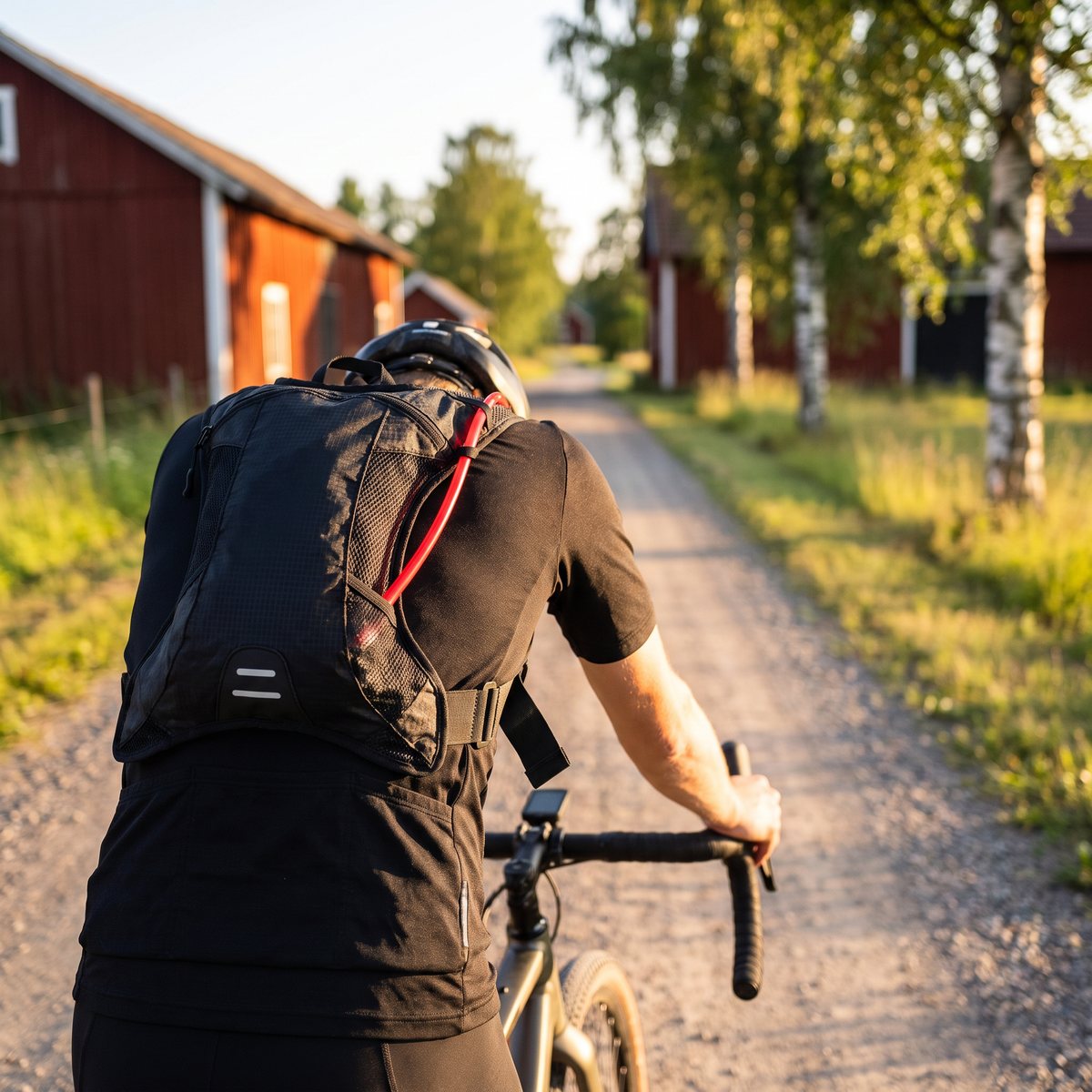 Svart USWE Outlander 2L cykelsäck på en gravelcyklist på en grusväg förbi röda lador i svenskt landskap