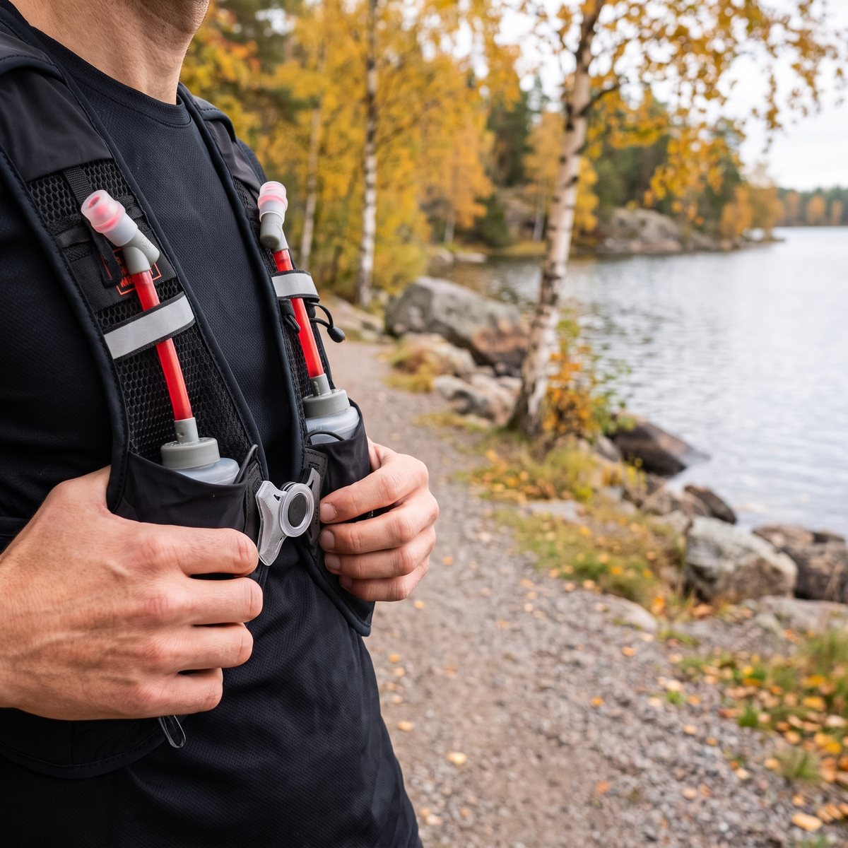 Svart USWE Pace 8L trailväst med två flaskor fram på en löpare vid en svensk sjö med björkar