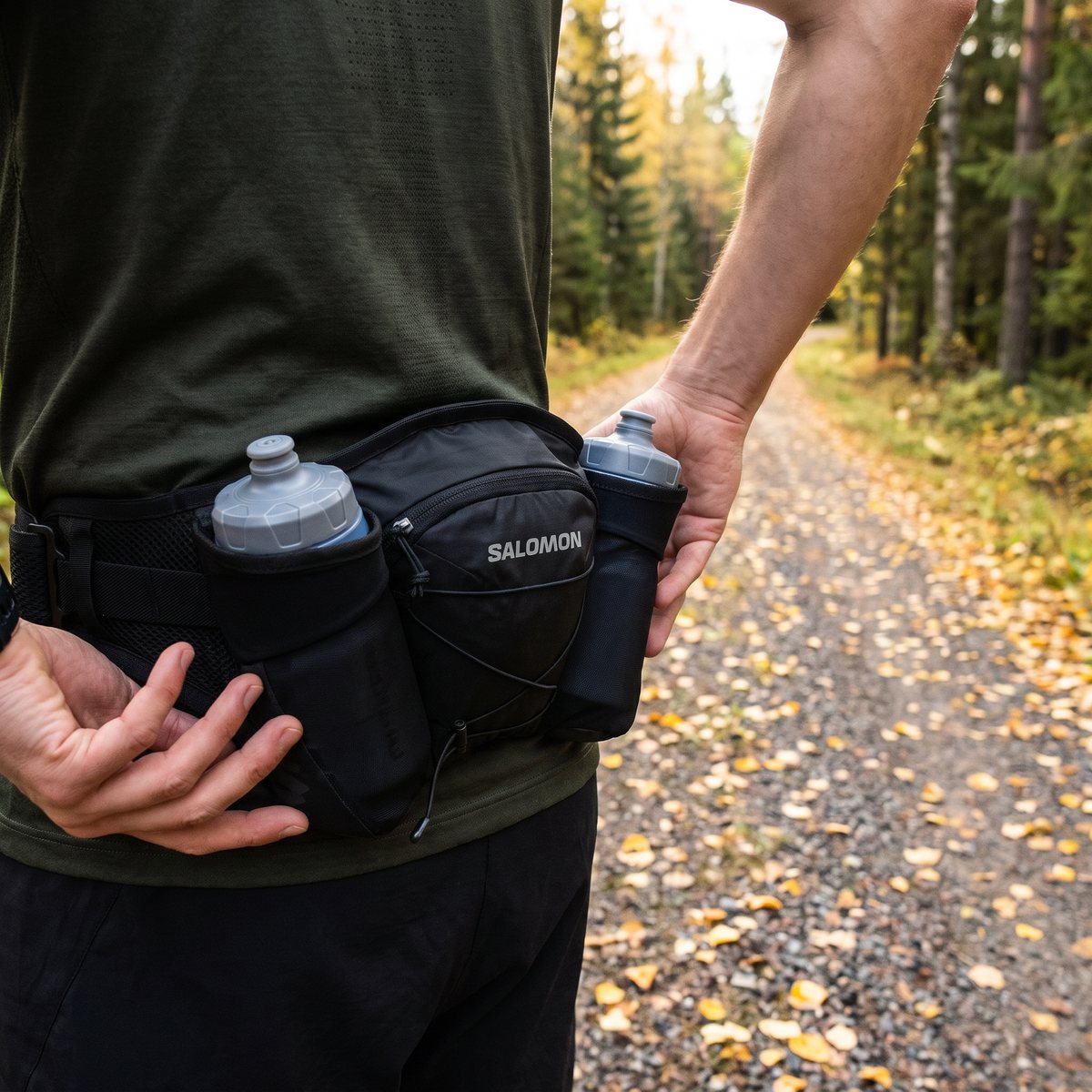 Löpare på en grusväg i svensk höstskog med Salomon Cross Belt med två flaskor