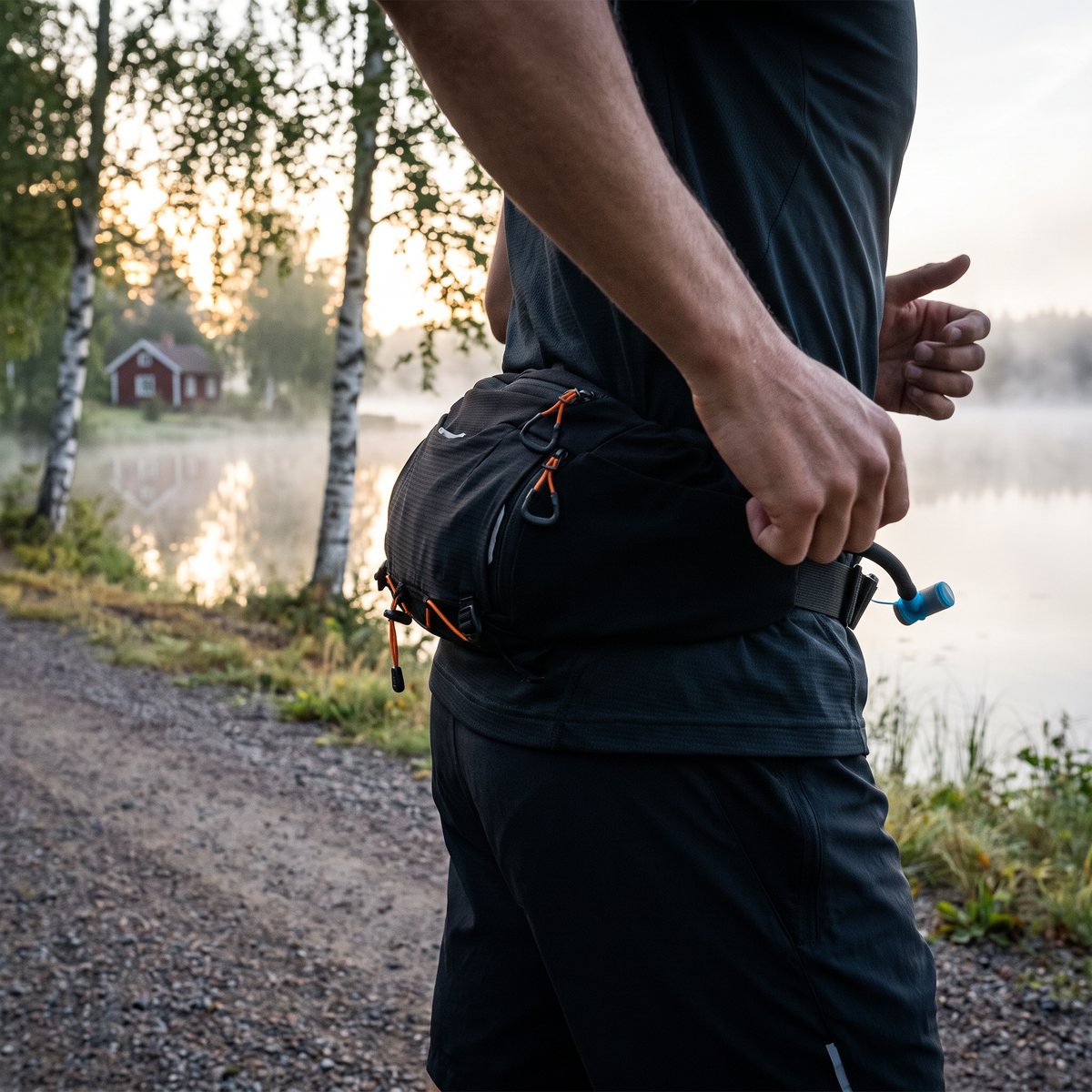Löpare vid en dimmig svensk sjö i gryningen med Silva Flex Belt 10 runt midjan