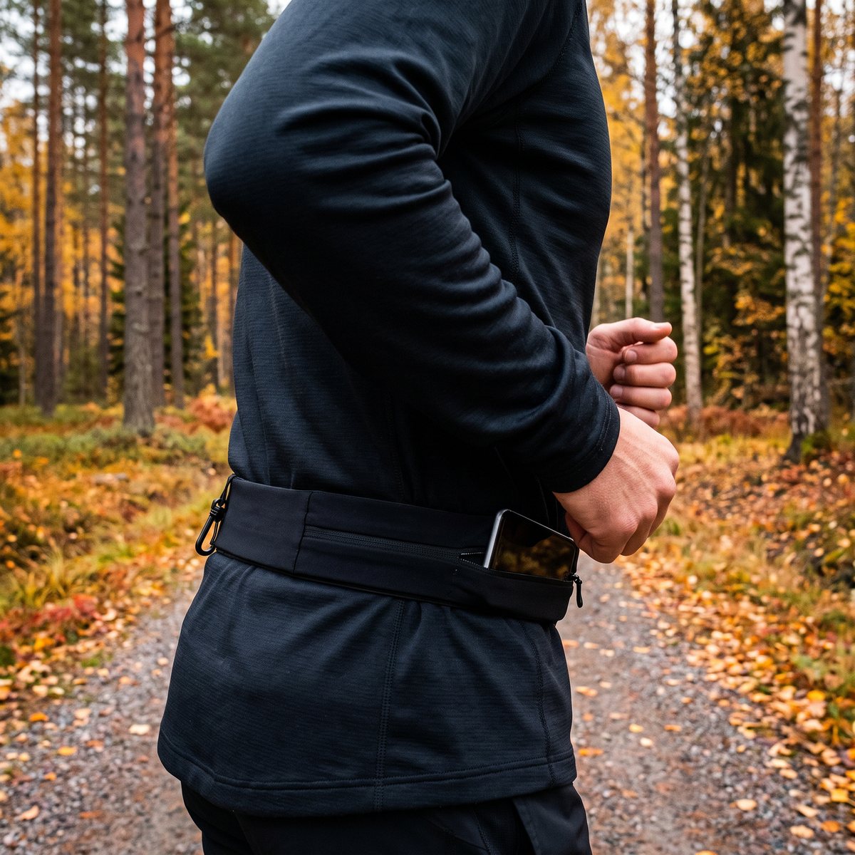 Löpare på grusväg i svensk höstskog med svart FlipBelt Classic runt midjan och mobil i bältet