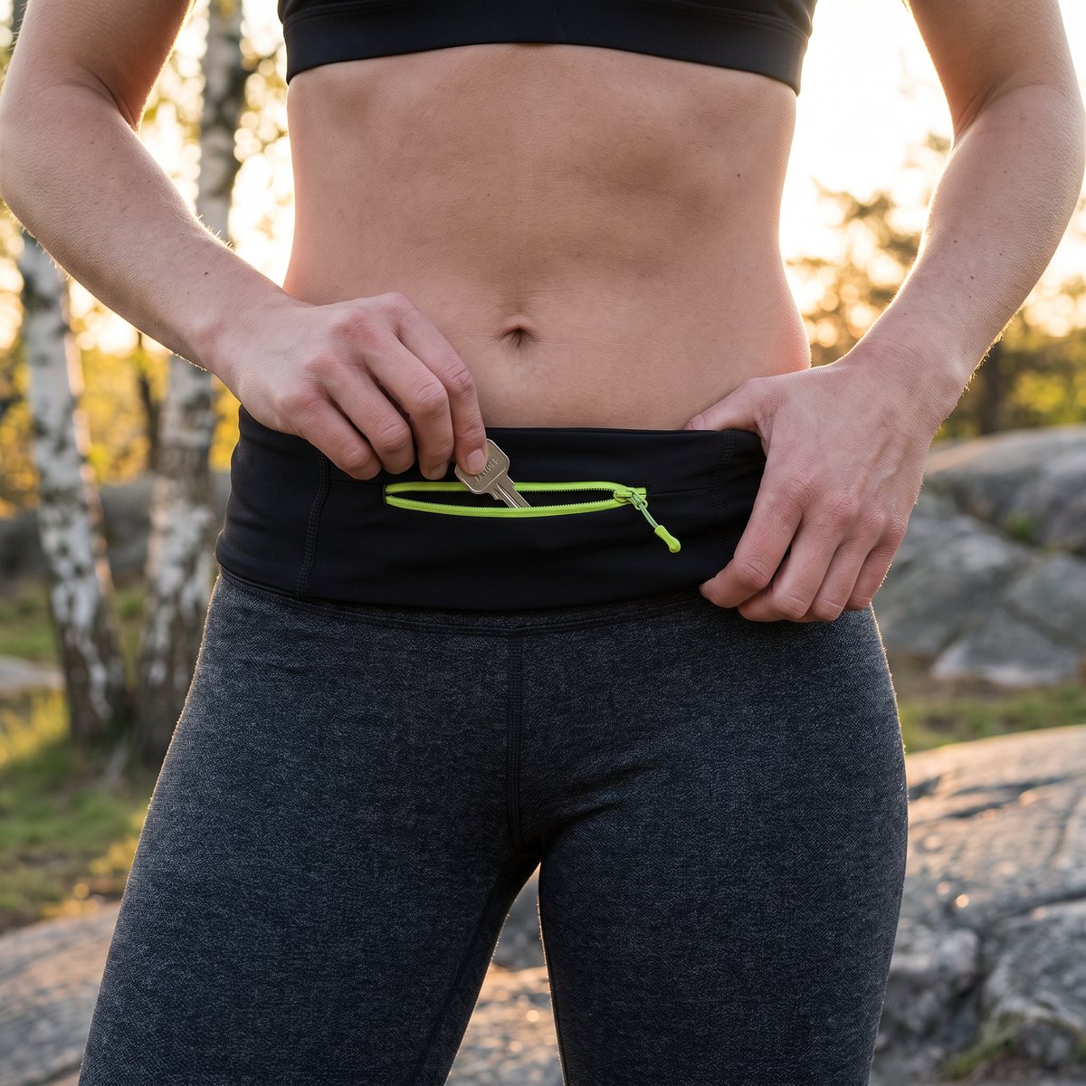 Kvinna i en svensk park med svart FlipBelt Zipper Belt och limegrön dragkedja som tar ut en nyckel ur fickan