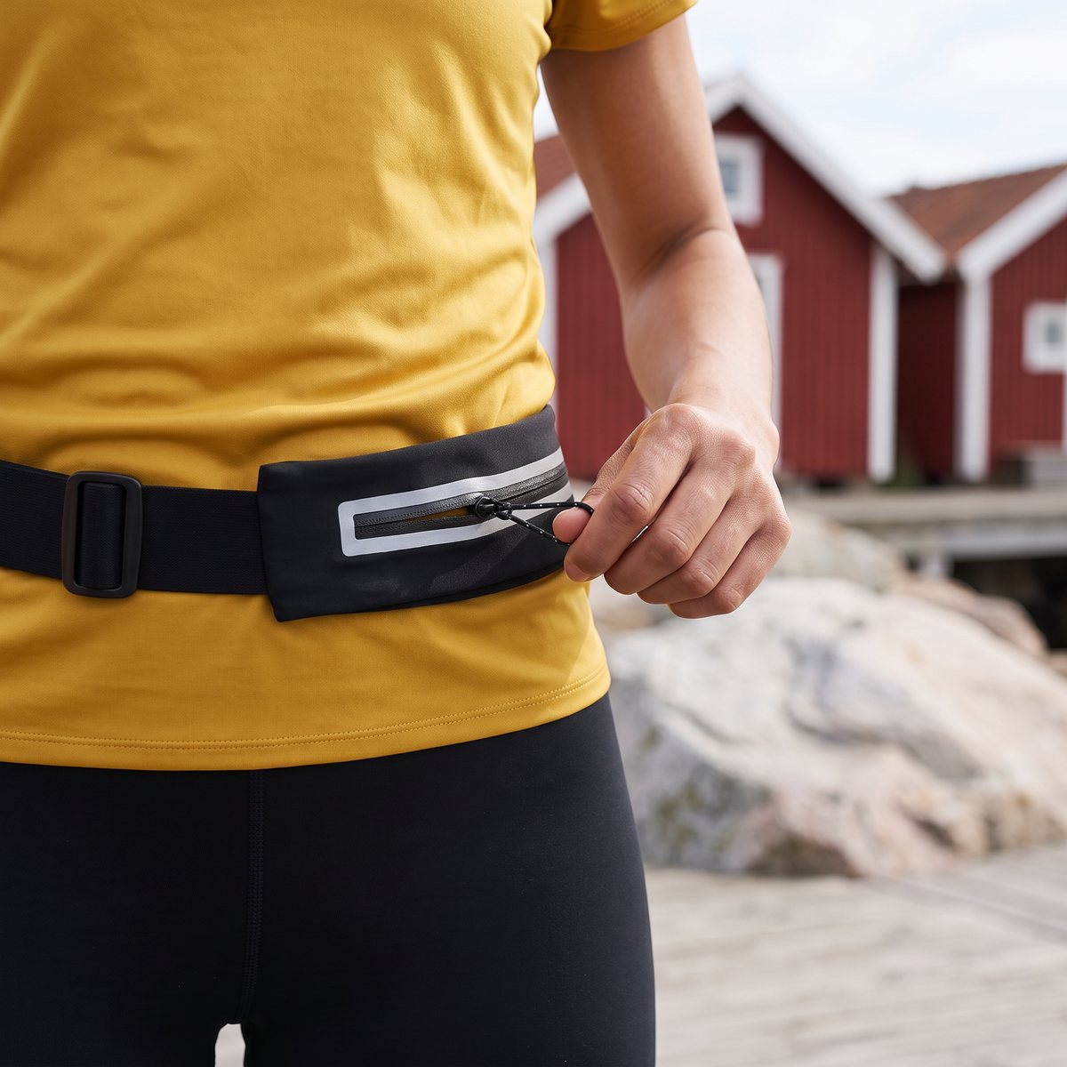 Löpare i gul tröja vid svenska röda sjöbodar med svart Röhnisch Issa Expandable Running Belt i midjan