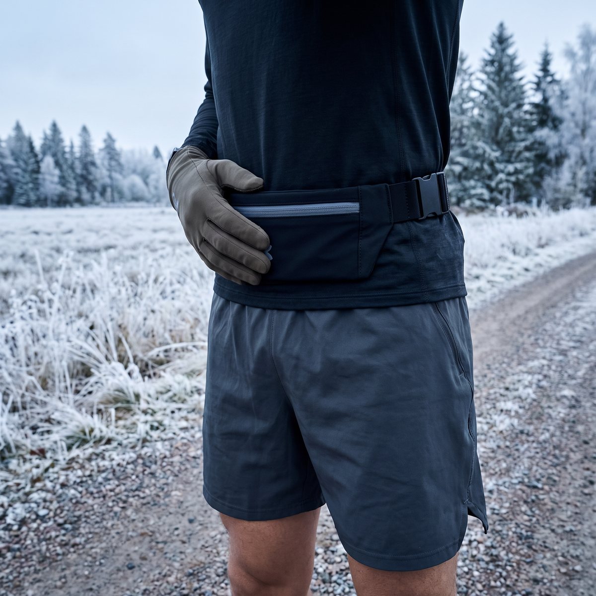 Löpare på grusväg vid frostbelagt fält med svart Under Armour Velociti Run Belt i midjan
