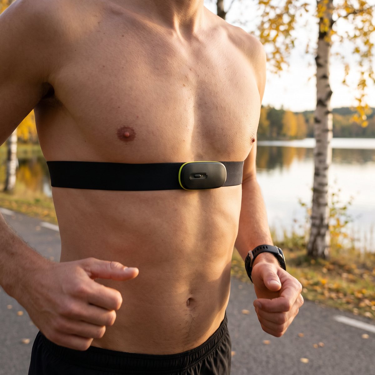 Garmin HRM 600 bröstband på en löpare längs en svensk sjö med björkar i höstfärger