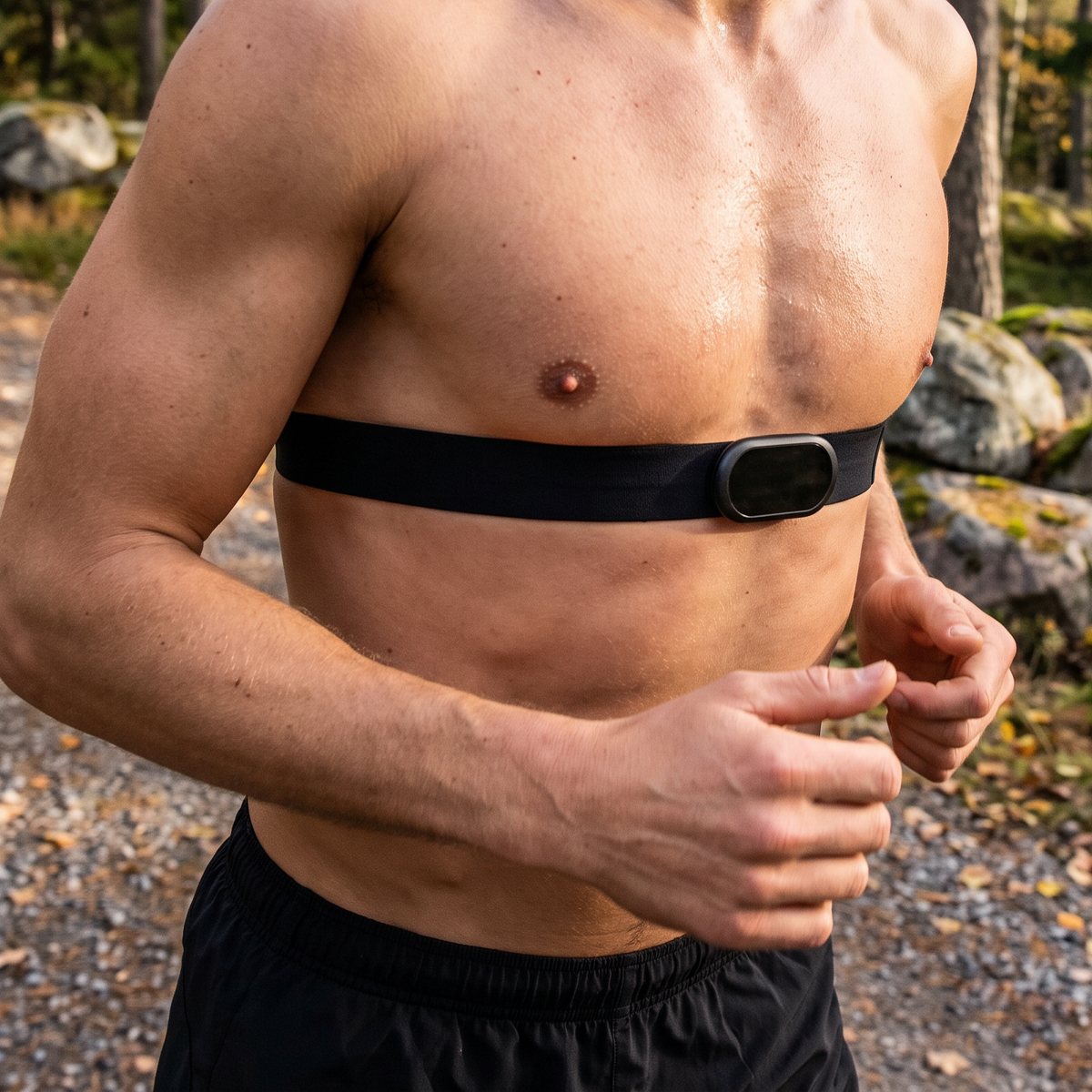 Polar H10 bröstband på en löpare som springer uppför en grusstig i svensk tallskog