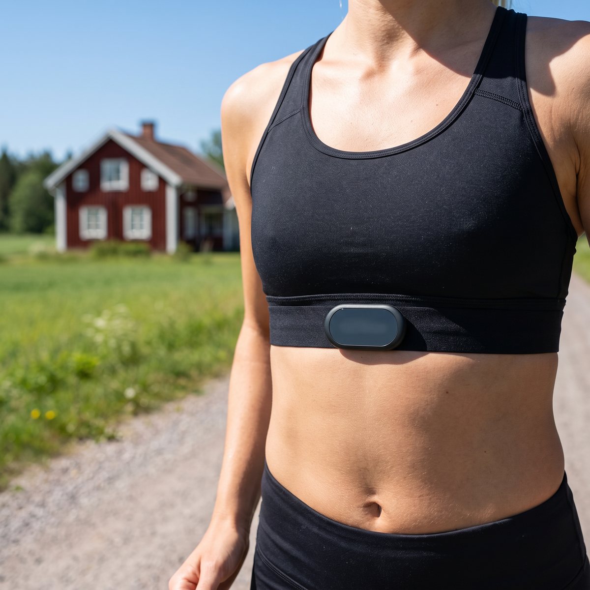 Polar H9 bröstband under en sport-bh på en joggare på en grusväg vid en röd stuga på svenska landsbygden