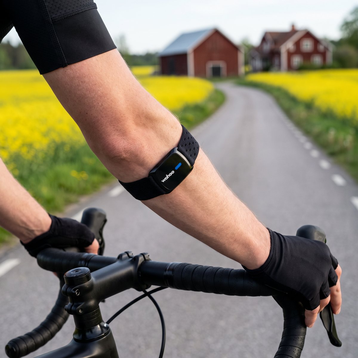 Wahoo TICKR Fit på underarmen hos en cyklist på en landsväg mellan rapsfält på svenska landsbygden