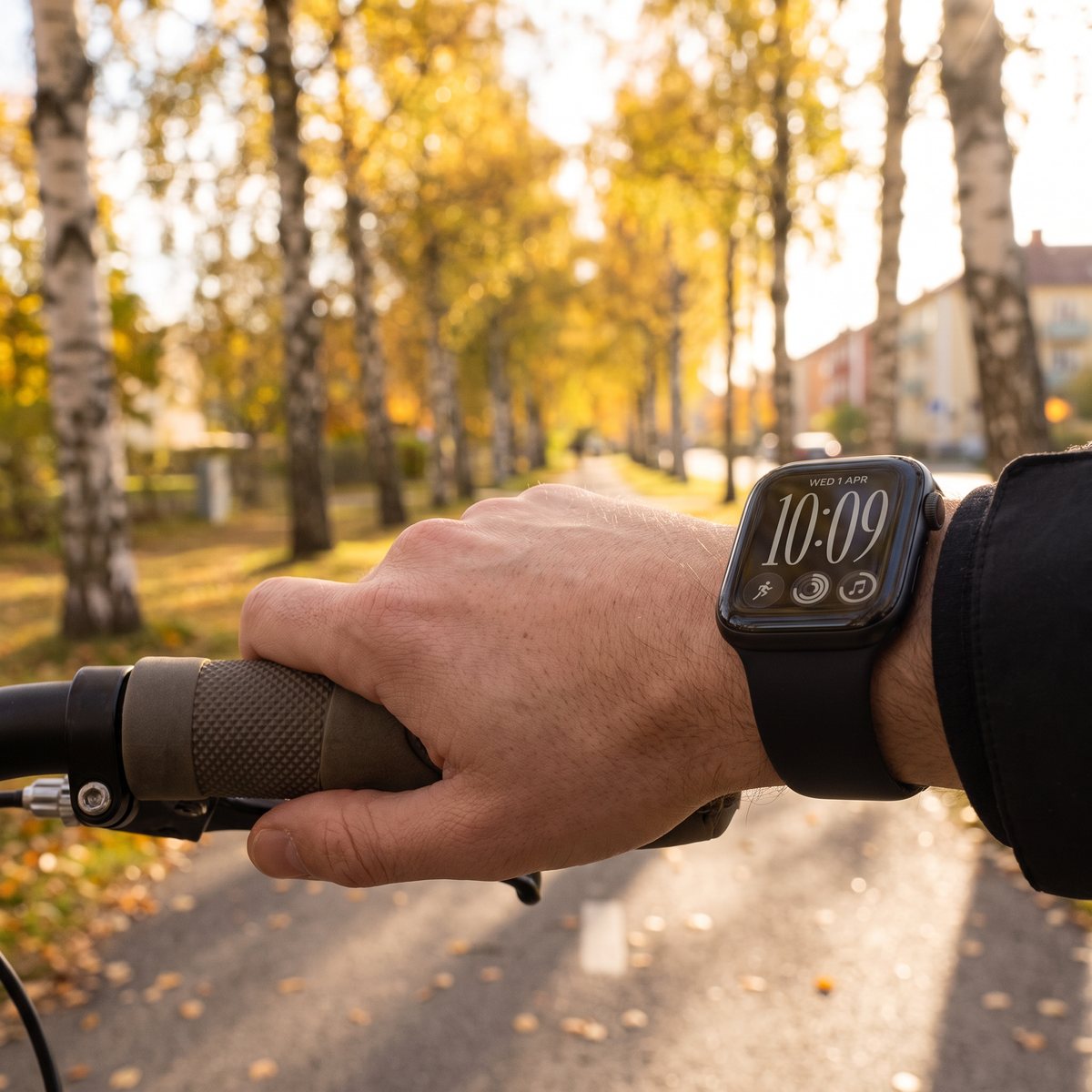 Apple Watch Series 12 i svart på handleden hos en cyklist på en cykelbana kantad av björkar