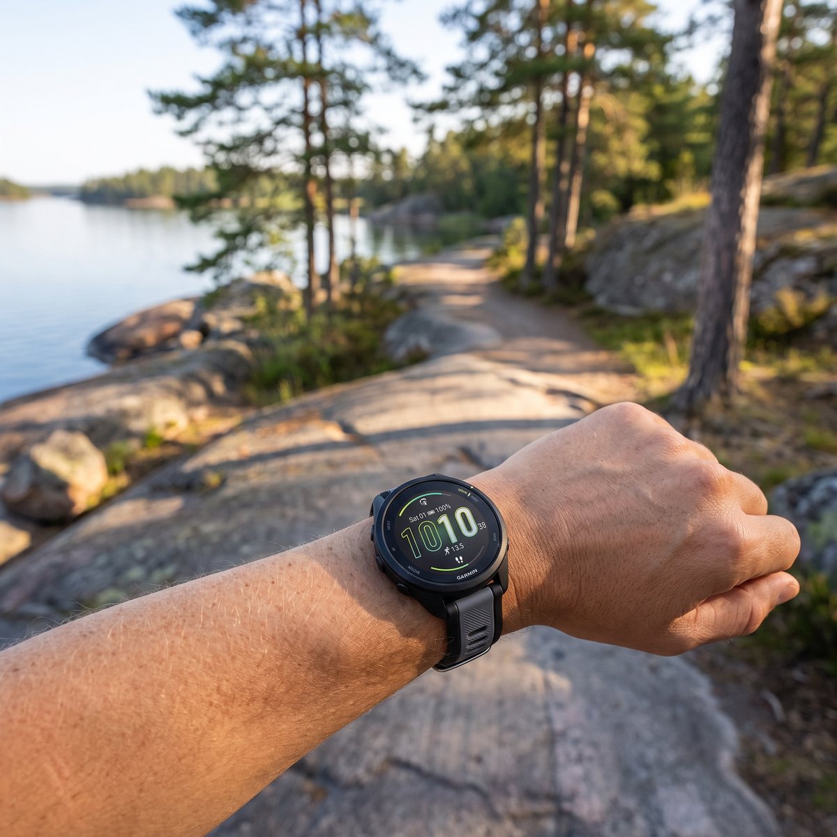 Garmin Forerunner 165 i svart och grått på handleden hos en joggare vid en sjö i svensk skärgårdsmiljö