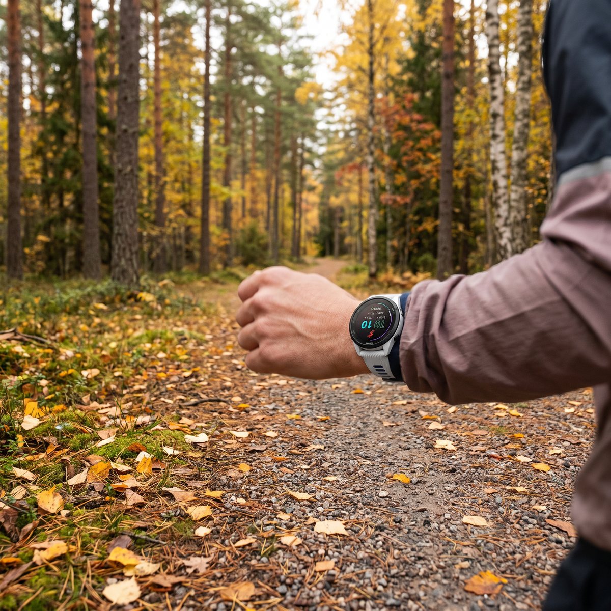Garmin Forerunner 265 med vit och blått armband på en löparens handled på en grusstig i svensk tallskog på hösten
