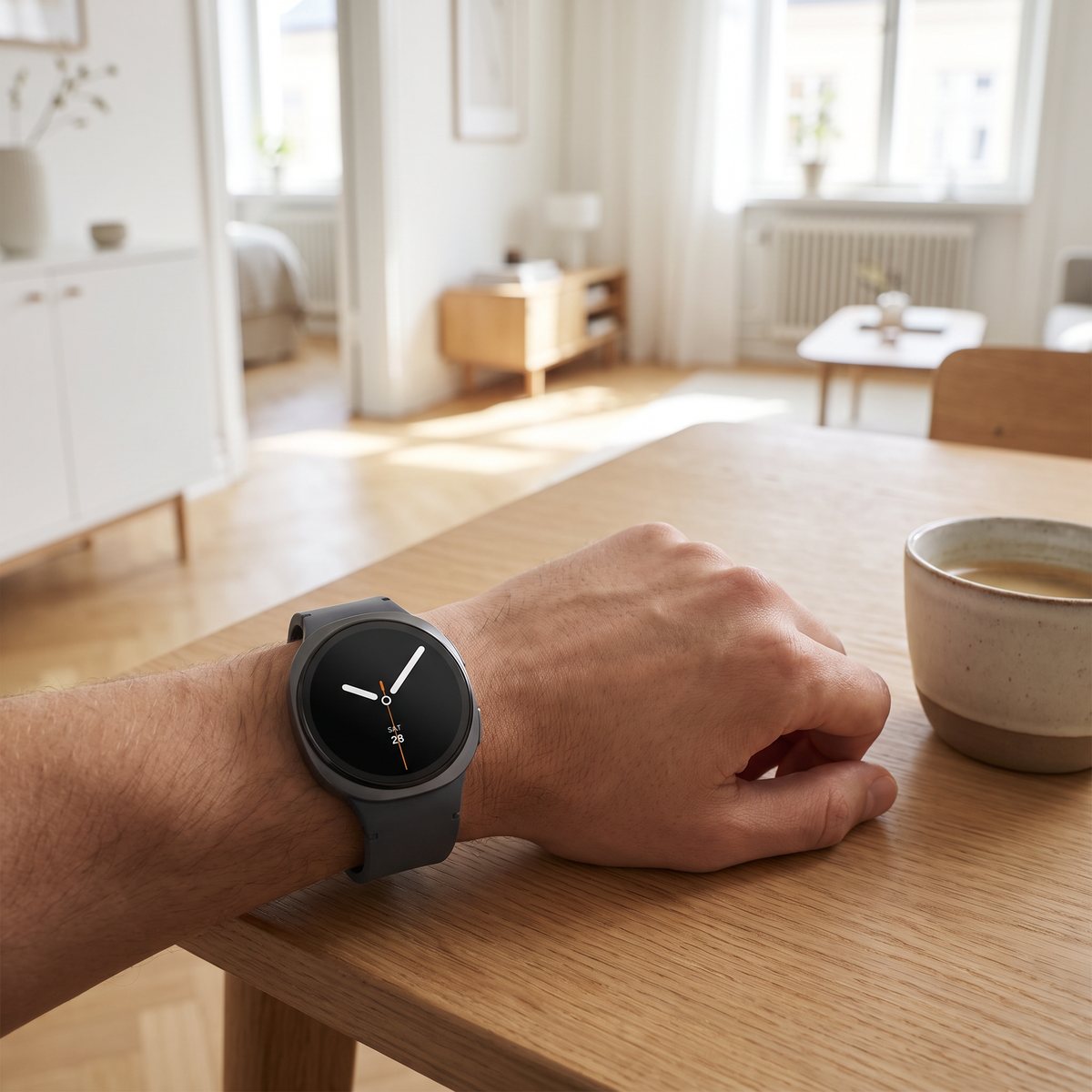 Samsung Galaxy Watch8 på handleden vid ett träbord i ett ljust svenskt hem