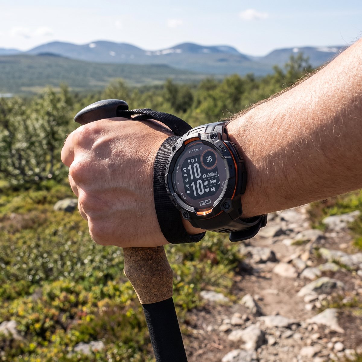 Garmin Instinct 3 Solar med orange detaljer på handleden hos en vandrare med vandringsstav på fjället i Jämtland