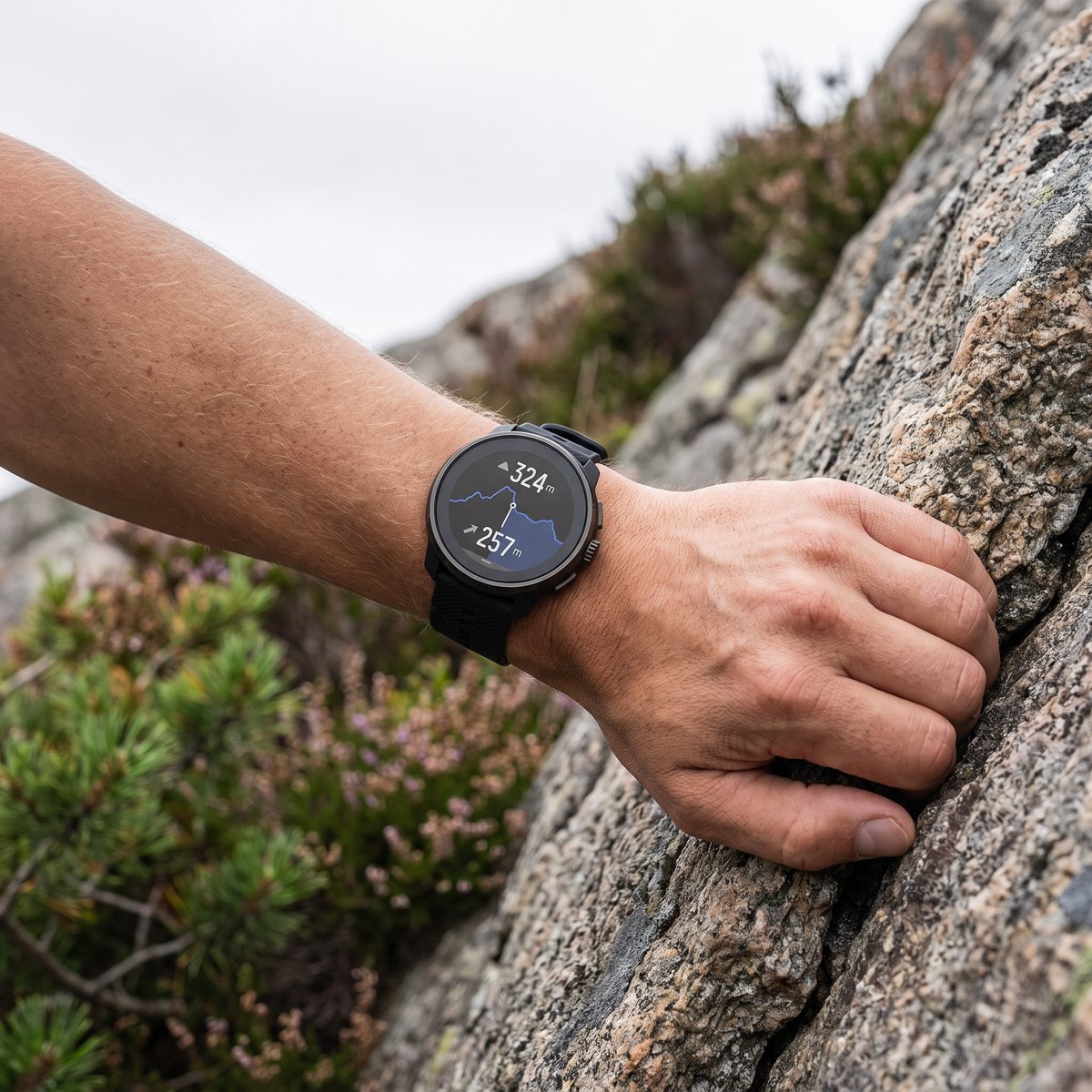 Suunto Race S i svart på handleden hos en traillöpare på granitklippor vid svenska västkusten