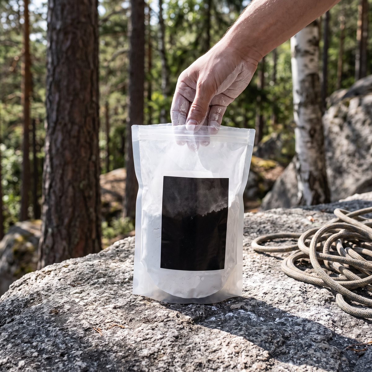 Öppen påse med lös vit krita på ett granitblock i svensk tallskog, en hand doppar fingertopparna i kritan