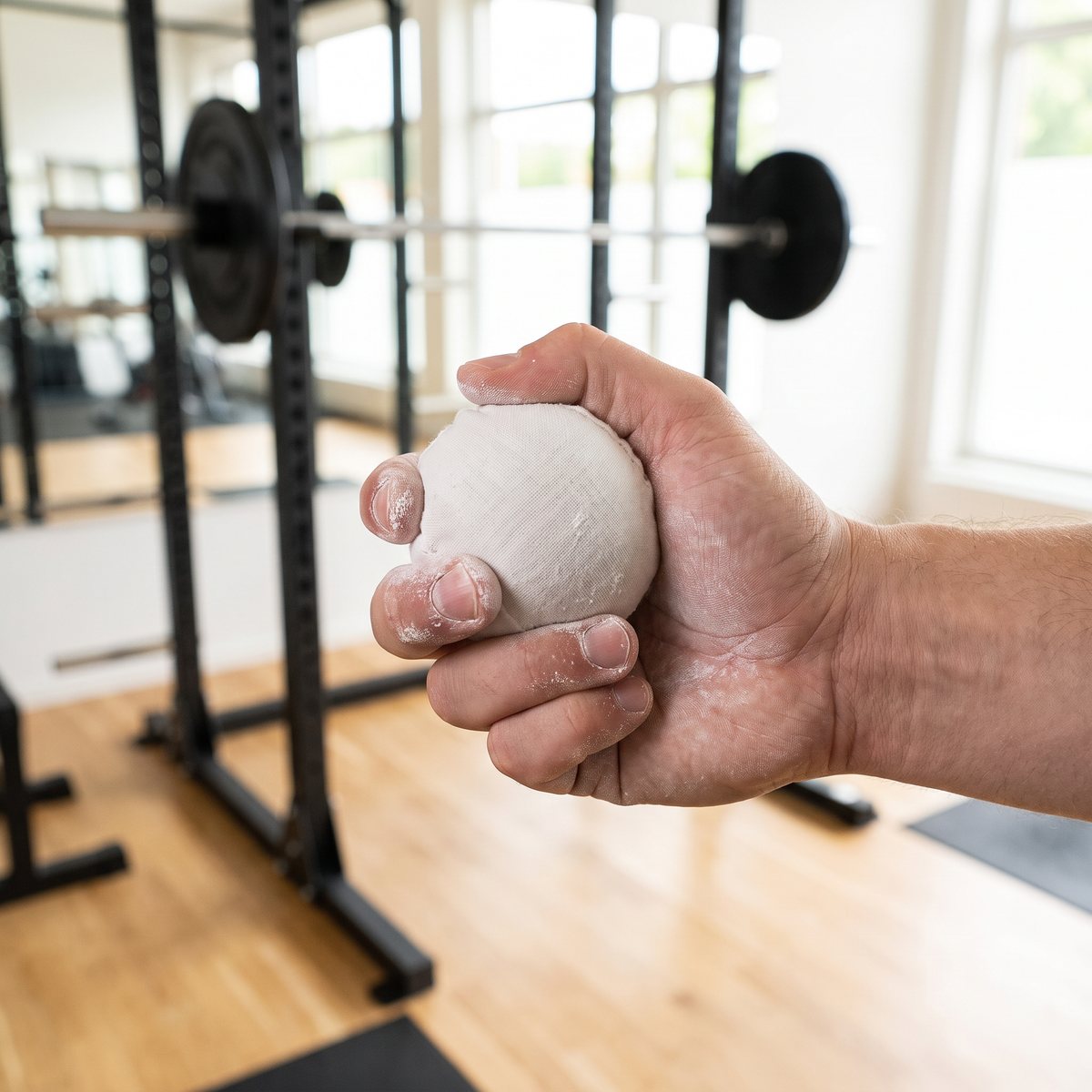Hand som kramar en vit kritboll av tyg framför en skivstångsställning i ett ljust gym