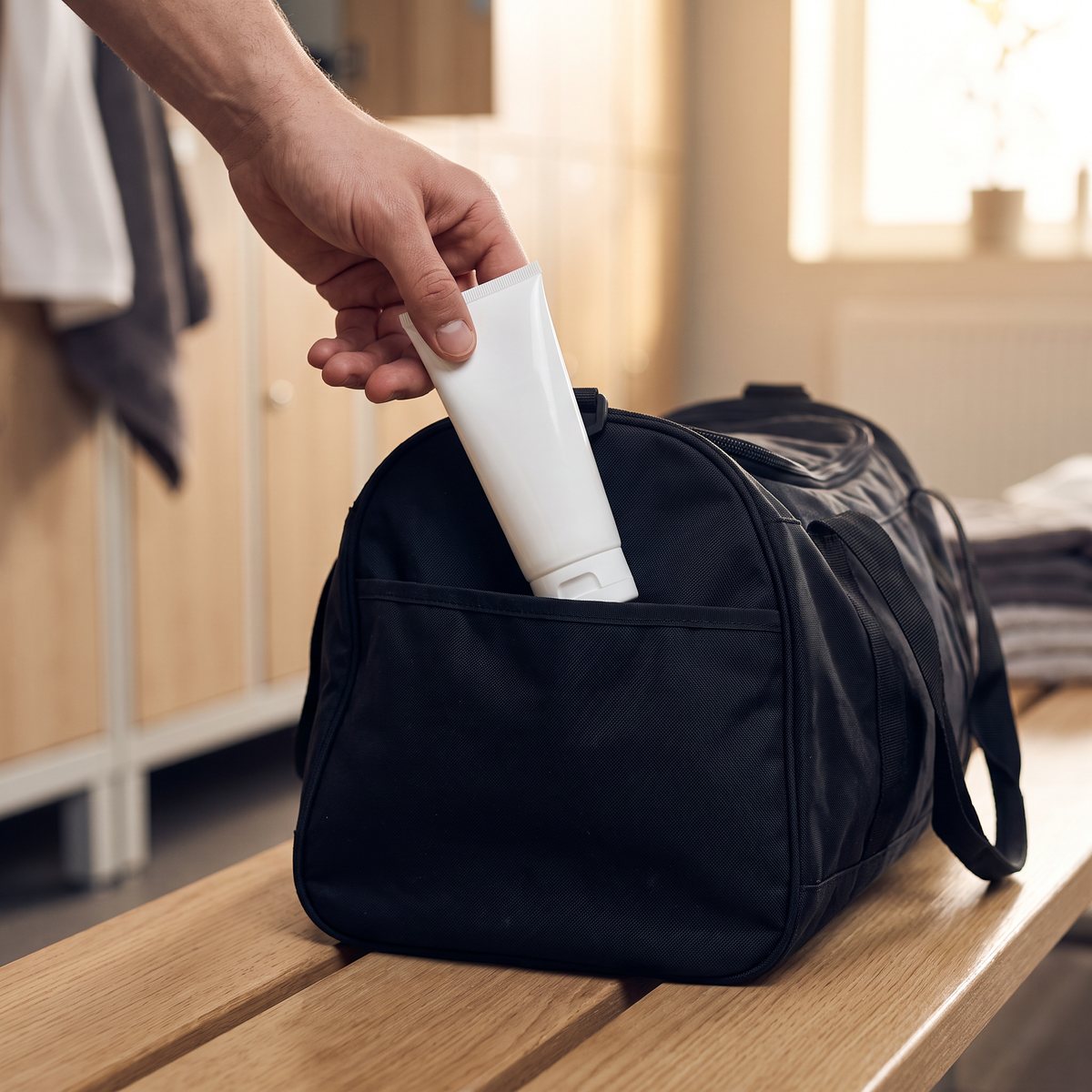 Liten vit tub med flytande krita som stoppas i sidofickan på en svart gymväska i ett omklädningsrum