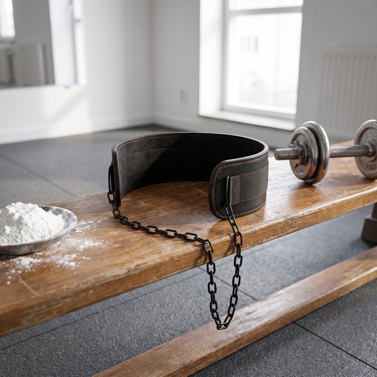 Svart vadderat dipbälte med kedja på en träbänk bredvid hantel och krita i ett svenskt gymrum