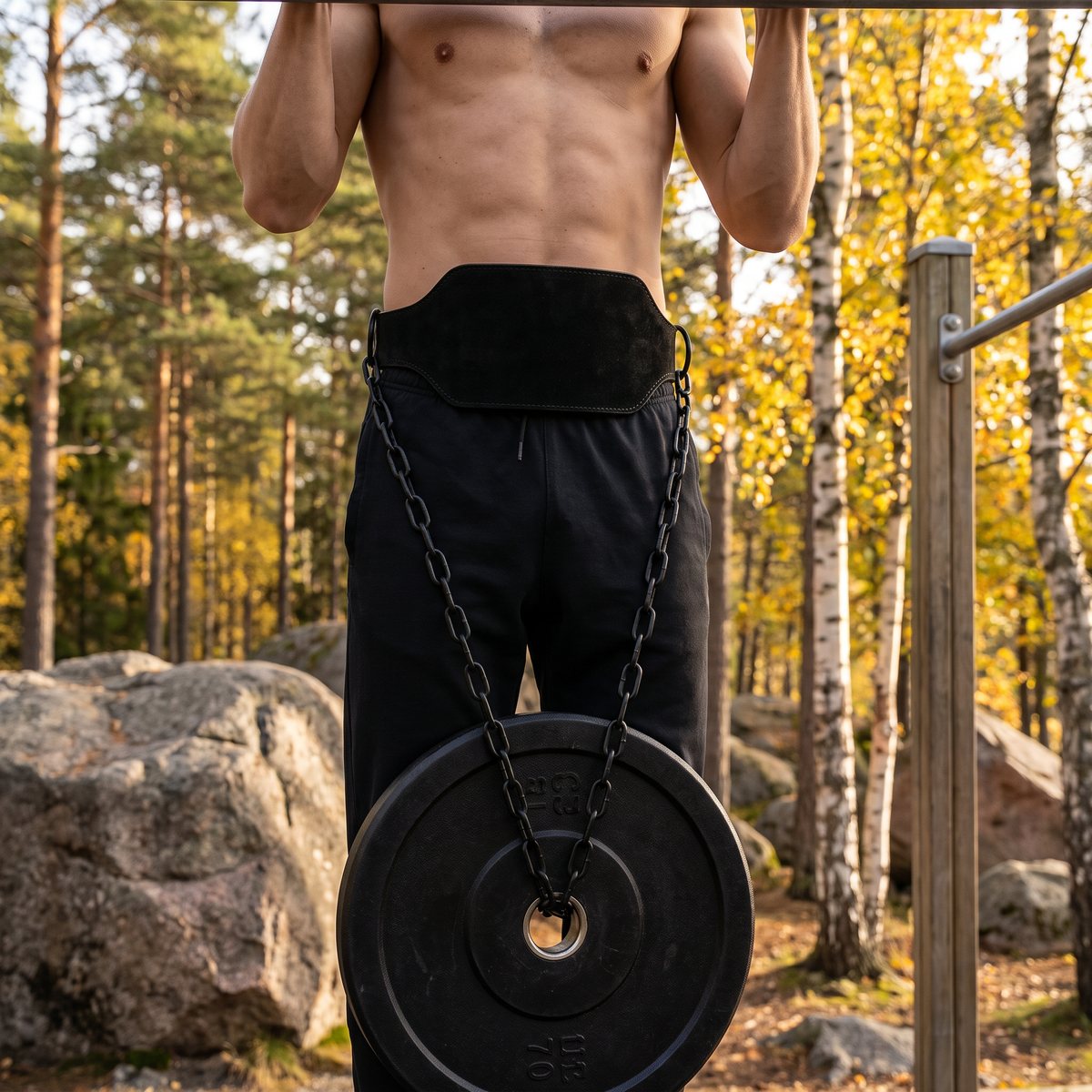 Svart dipbälte i läder med svart kedja, burna vid pull-ups med viktskiva på en utegym i svensk tallskog