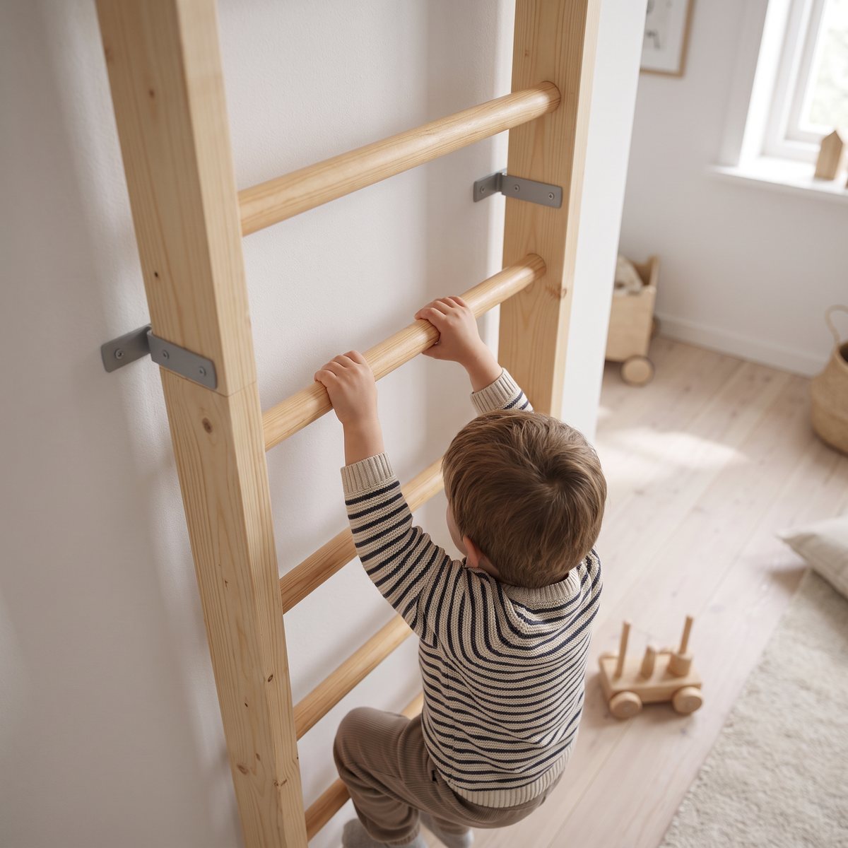 ASG Woodline ribbstol i trä monterad i ett svenskt lekrum, ett barn klättrar med händerna runt spjälorna