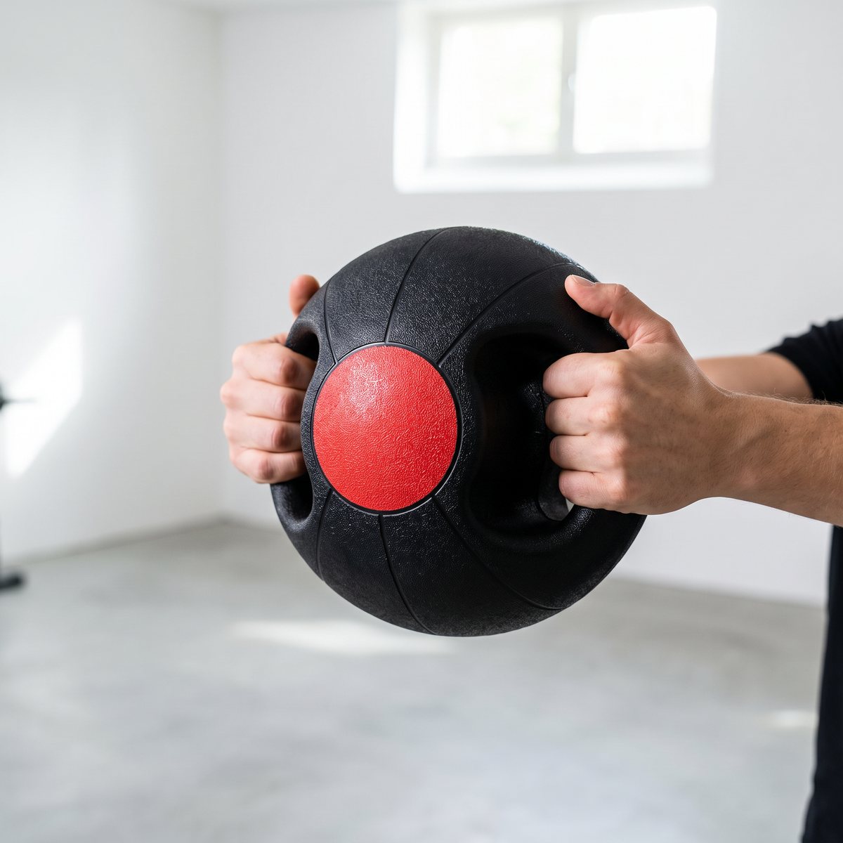 Svart medicinboll med två grepphål och röd platta hålls med fingrarna genom greppen i ett svenskt källargym