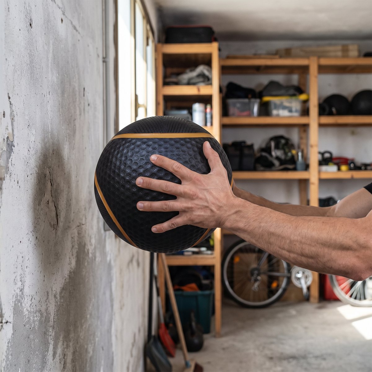 Svart medicinboll med knottrig yta och gyllene band hålls mot en vägg i ett svenskt garagegym