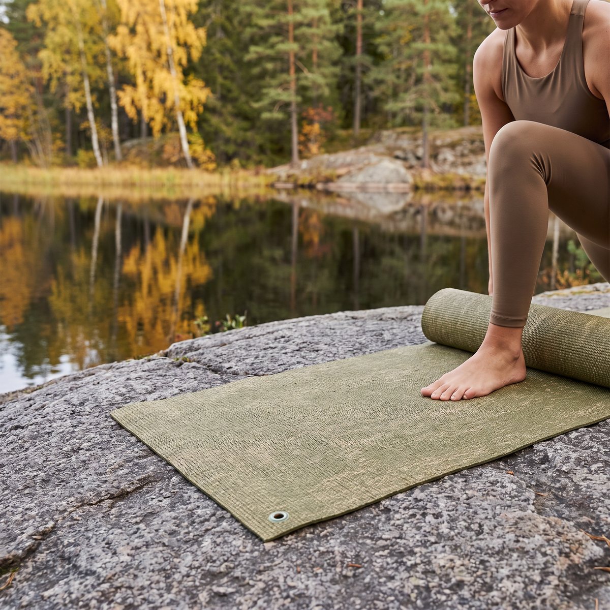 Olivgrön jutematta utrullad på en granithäll vid en svensk skogssjö, någon gör en yogaställning
